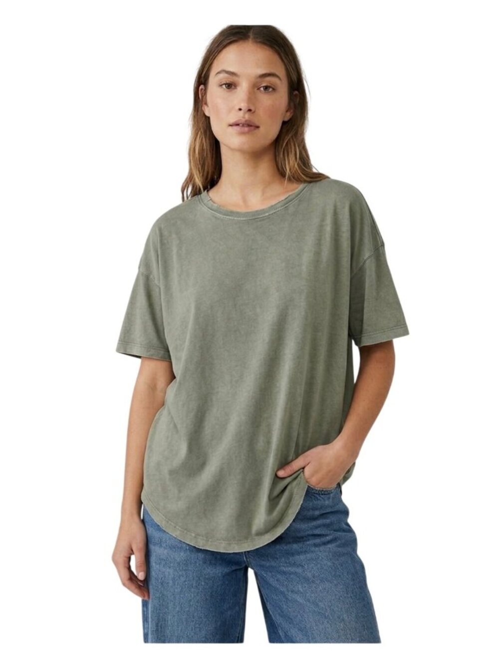 Aerie oversized short-sleeve green t-shirt with a crew neck and a curved hem S